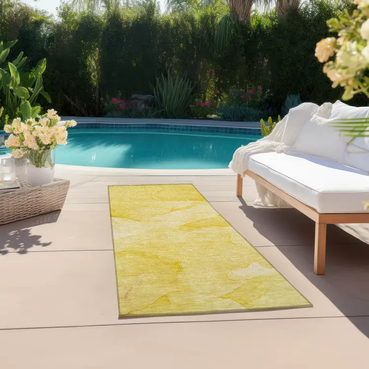 2' X 8' Gold Abstract Washable Non Skid Indoor Outdoor Runner Rug