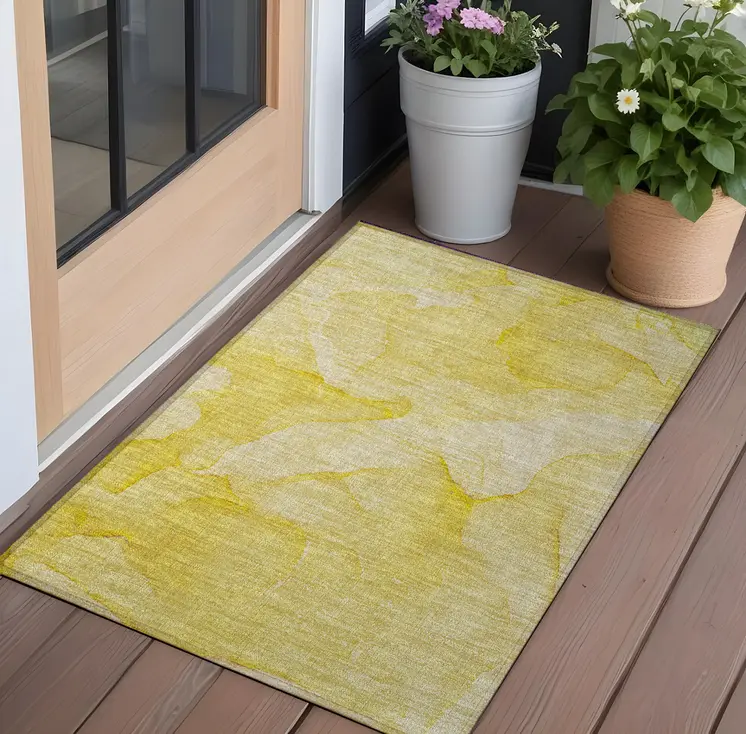 3' X 5' Gold Abstract Washable Non Skid Indoor Outdoor Area Rug