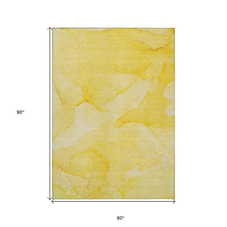 5' X 8' Gold Abstract Washable Non Skid Indoor Outdoor Area Rug
