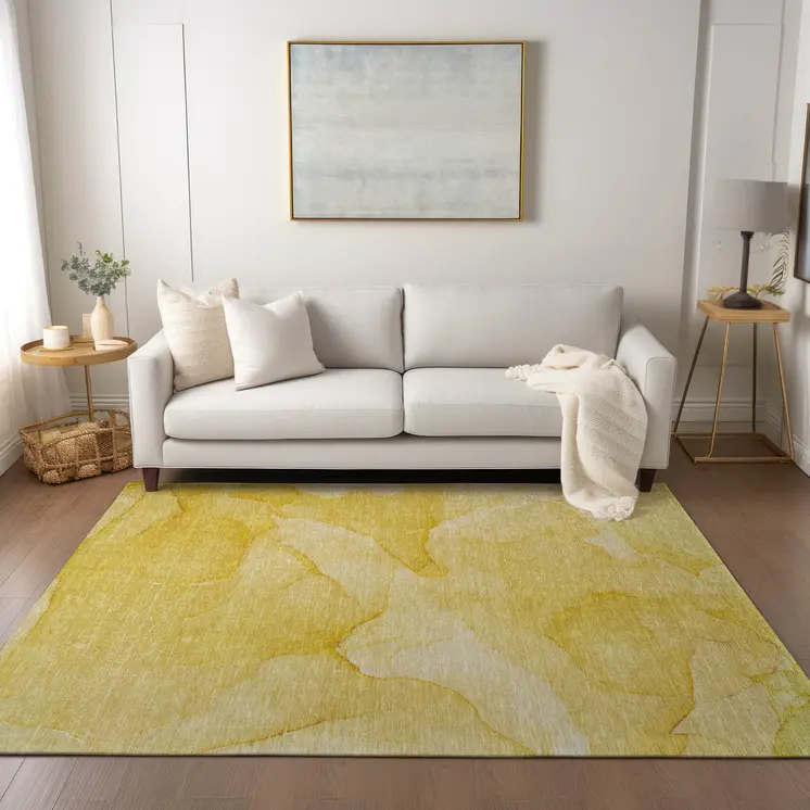 5' X 8' Gold Abstract Washable Non Skid Indoor Outdoor Area Rug
