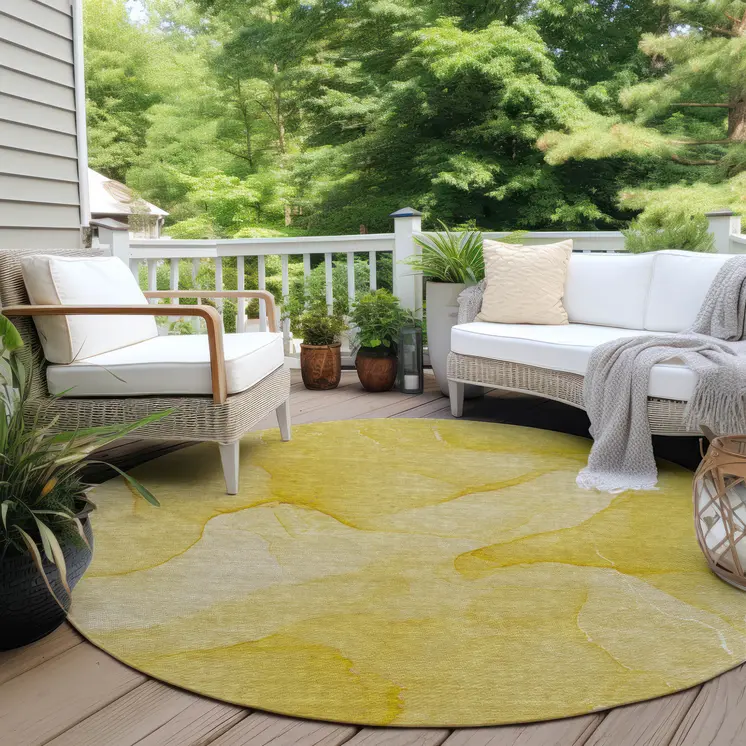 8' Round Gold Abstract Washable Non Skid Indoor Outdoor Area Rug
