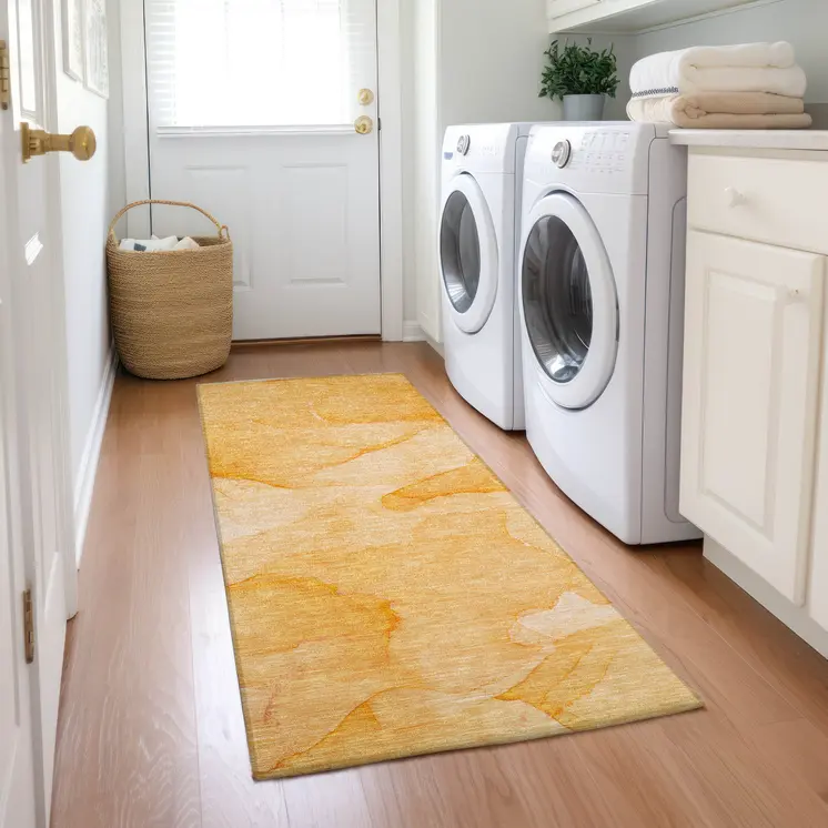 2' X 8' Orange Abstract Washable Non Skid Indoor Outdoor Runner Rug