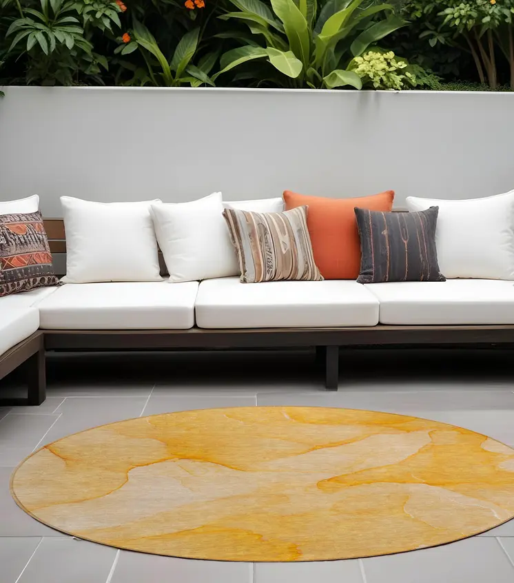 8' Round Orange Abstract Washable Non Skid Indoor Outdoor Area Rug