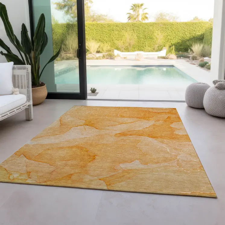 9' X 12' Orange Abstract Washable Non Skid Indoor Outdoor Area Rug