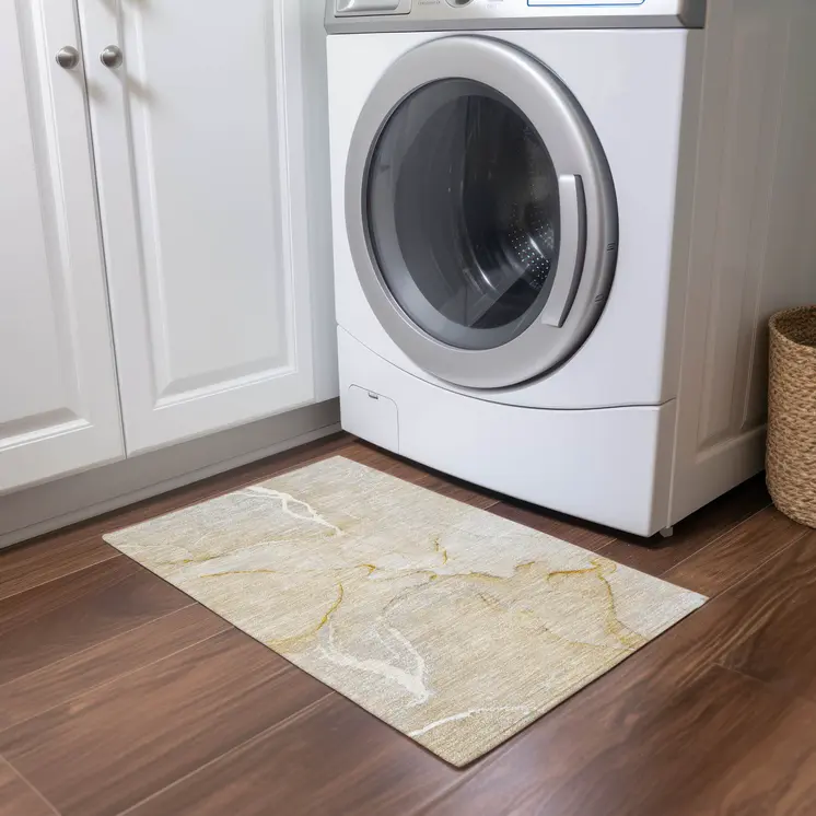 2' X 3' Beige Abstract Washable Indoor Outdoor Area Rug