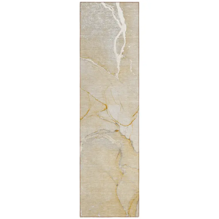 2' X 8' Beige Abstract Washable Indoor Outdoor Runner Rug