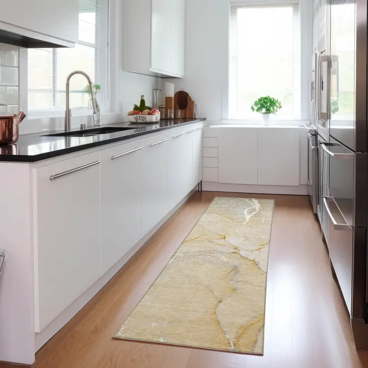 2' X 8' Beige Abstract Washable Indoor Outdoor Runner Rug