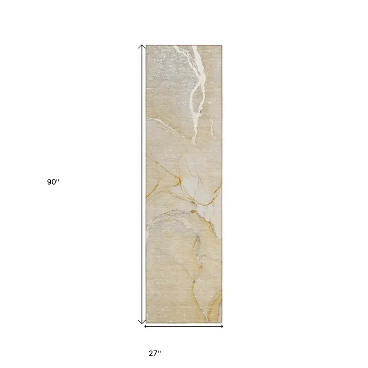 2' X 8' Beige Abstract Washable Indoor Outdoor Runner Rug