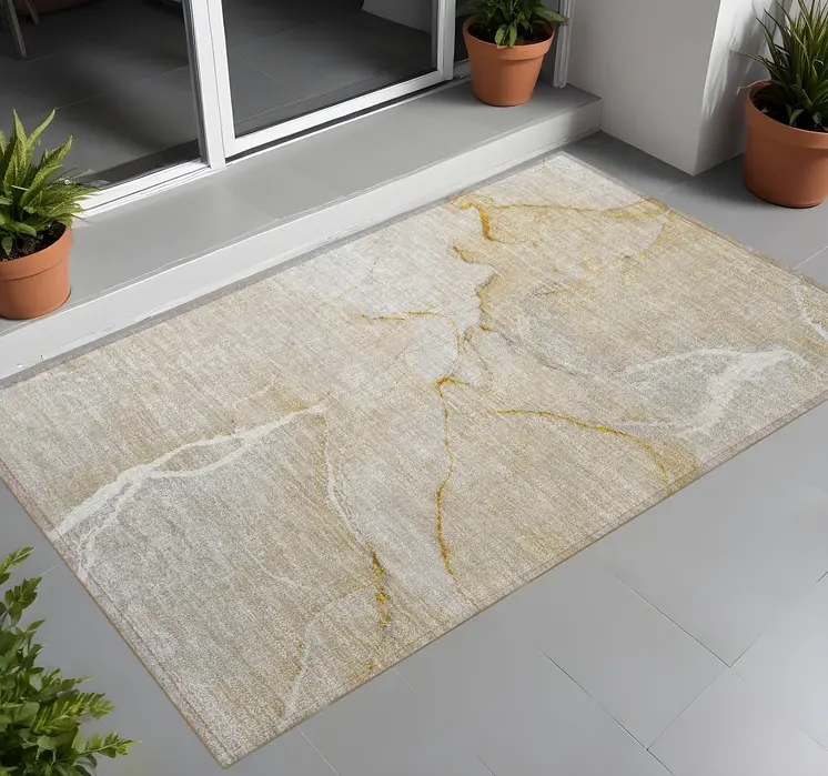 3' X 5' Beige Abstract Washable Indoor Outdoor Area Rug