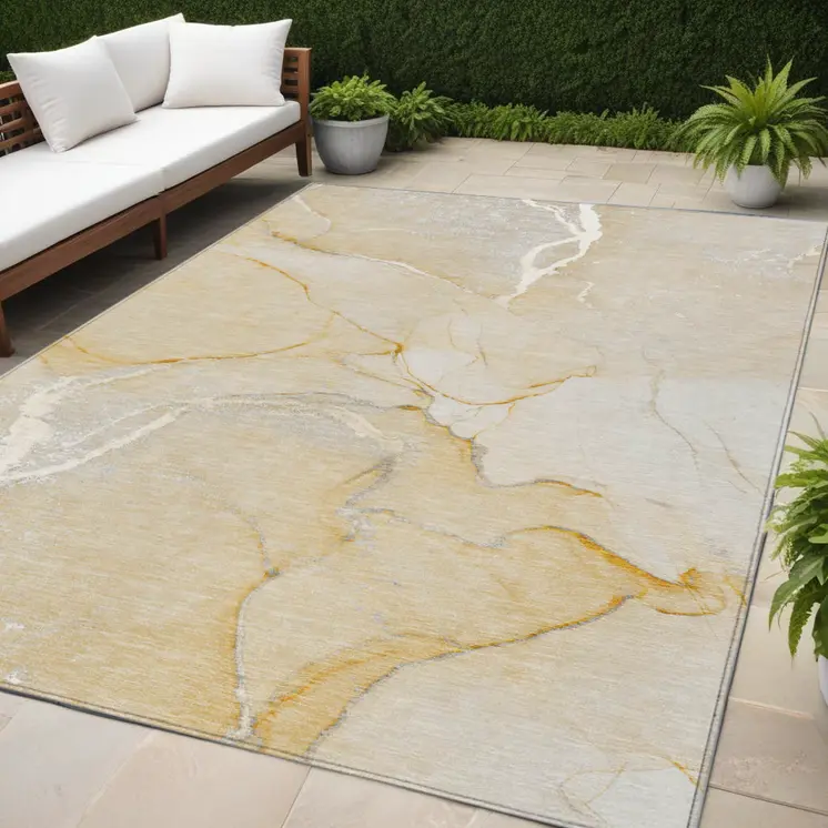 5' X 8' Beige Abstract Washable Indoor Outdoor Area Rug
