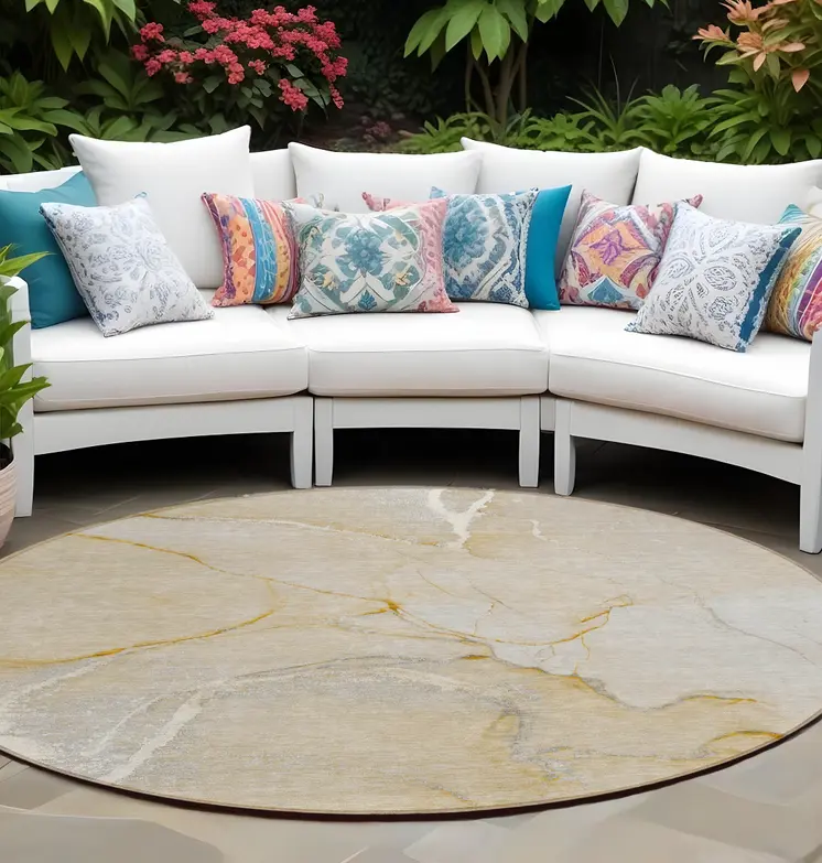 8' Round Beige Abstract Washable Indoor Outdoor Area Rug