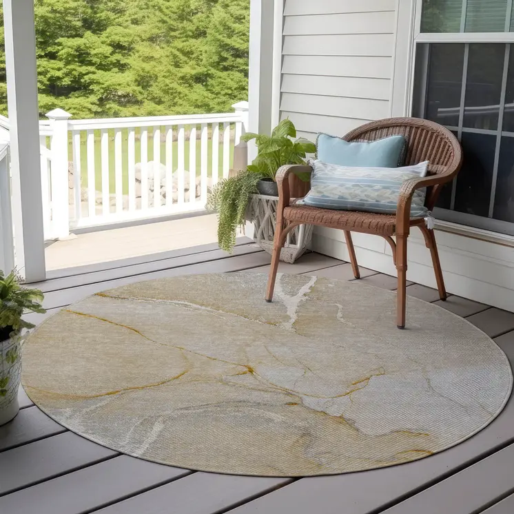 8' Round Beige Abstract Washable Indoor Outdoor Area Rug