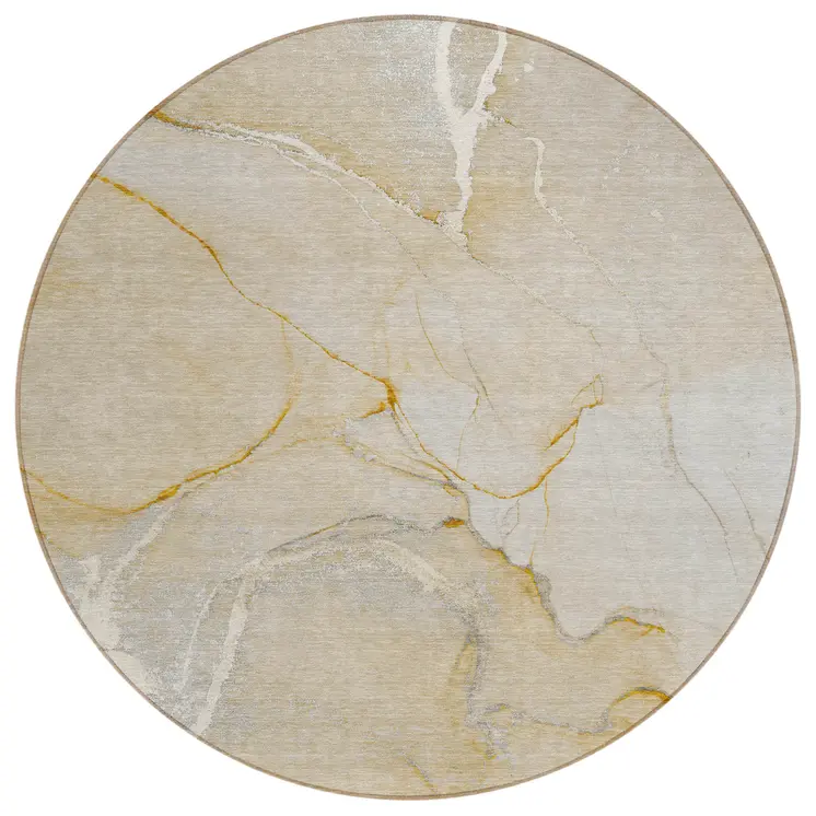 8' Round Beige Abstract Washable Indoor Outdoor Area Rug