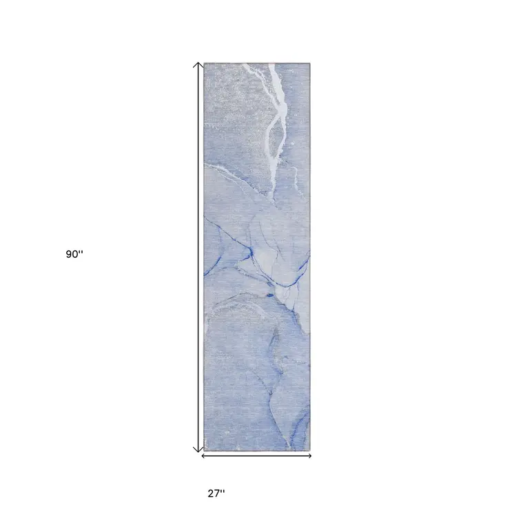 8' Runner Blue Abstract Washable Non Skid Indoor Outdoor Runner Rug