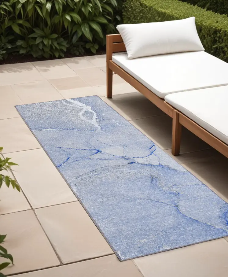 8' Runner Blue Abstract Washable Non Skid Indoor Outdoor Runner Rug