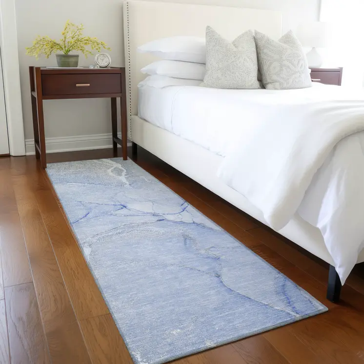 8' Runner Blue Abstract Washable Non Skid Indoor Outdoor Runner Rug