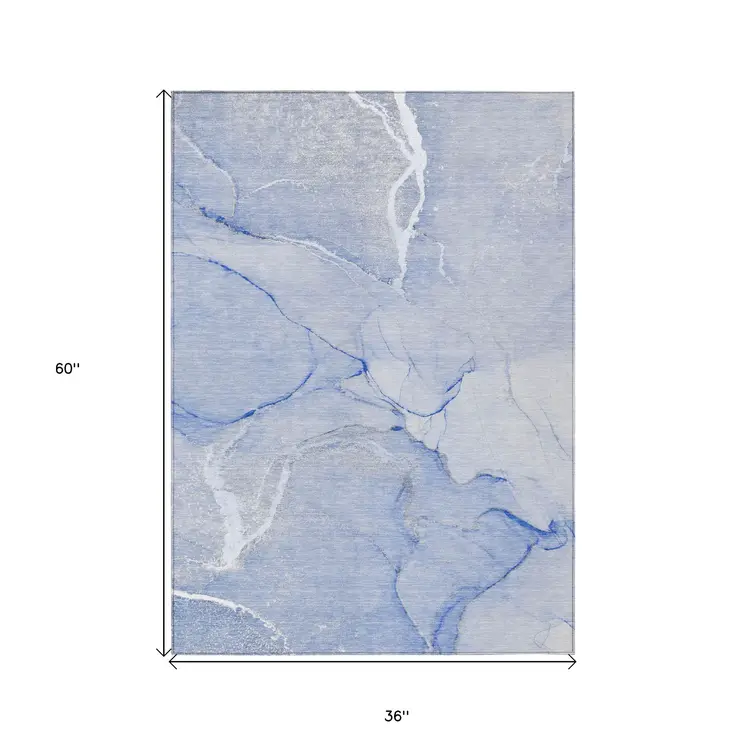 3' X 5' Blue Abstract Washable Non Skid Indoor Outdoor Area Rug