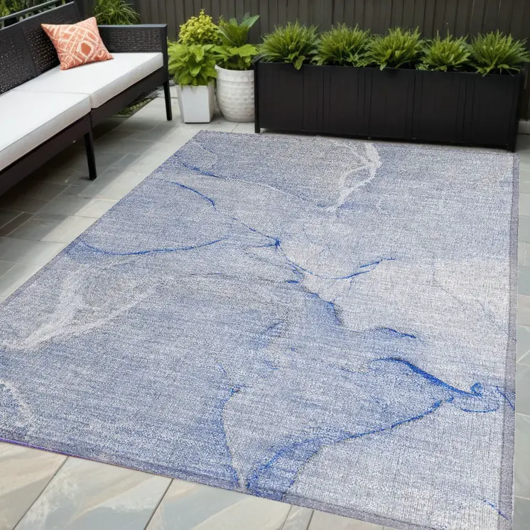 5' X 8' Blue Abstract Washable Non Skid Indoor Outdoor Area Rug