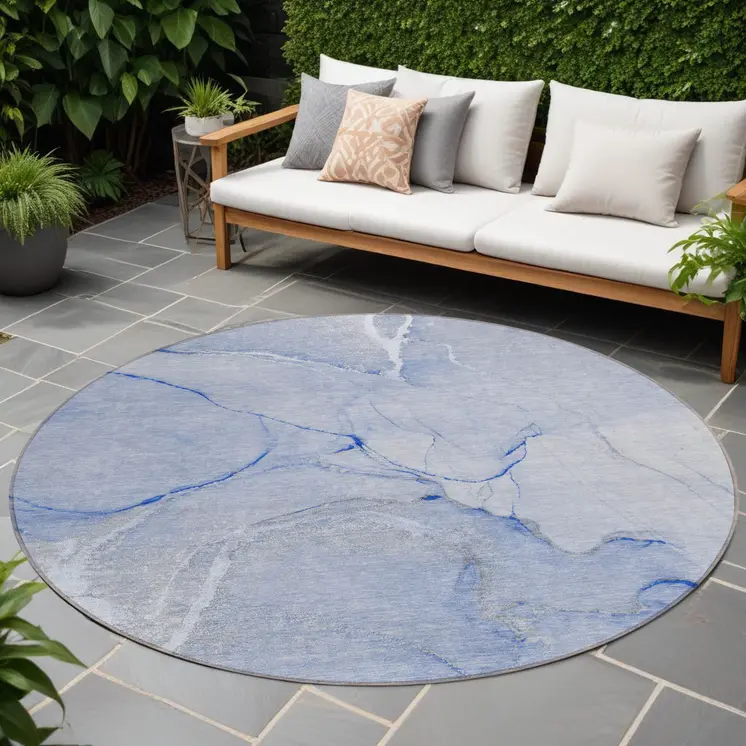 8' Round Blue Round Abstract Washable Non Skid Indoor Outdoor Area Rug