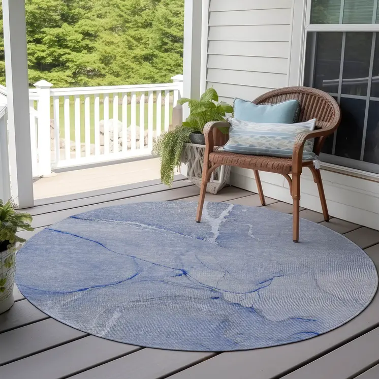 8' Round Blue Round Abstract Washable Non Skid Indoor Outdoor Area Rug