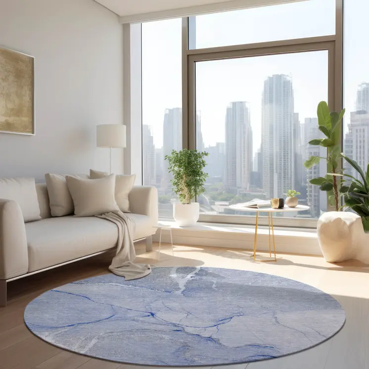 8' Round Blue Round Abstract Washable Non Skid Indoor Outdoor Area Rug