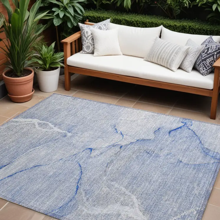 10' X 14' Blue Abstract Washable Non Skid Indoor Outdoor Area Rug