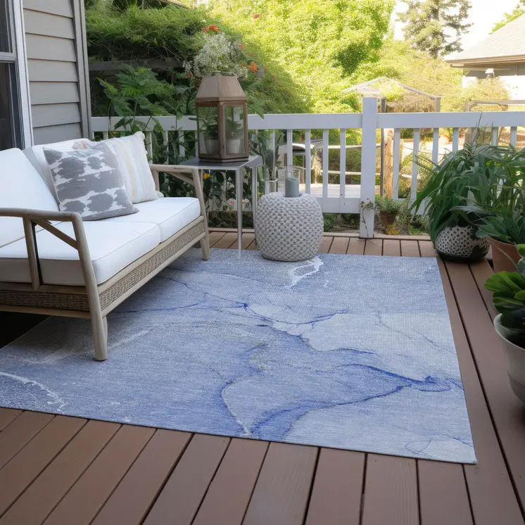 10' X 14' Blue Abstract Washable Non Skid Indoor Outdoor Area Rug