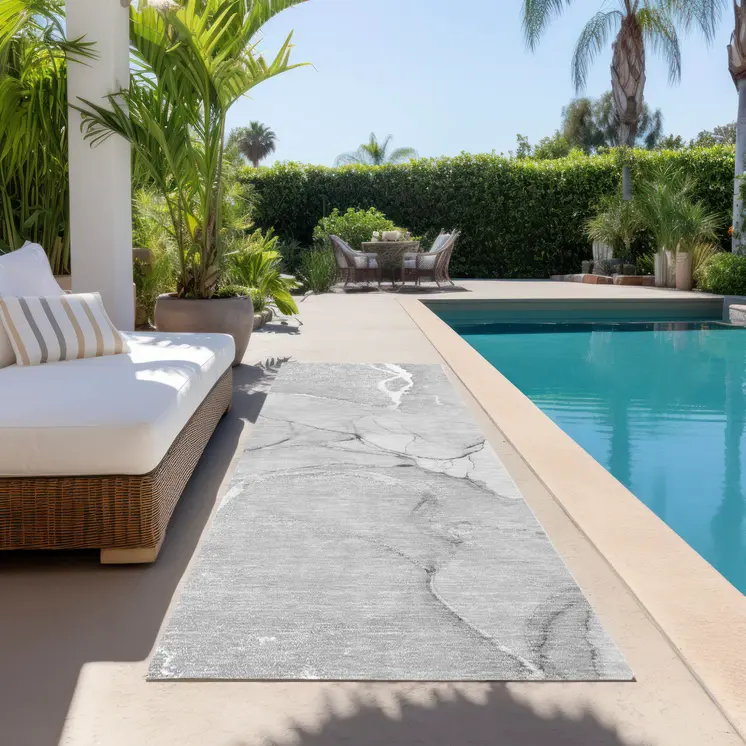 8' Runner Gray Abstract Washable Non Skid Indoor Outdoor Runner Rug