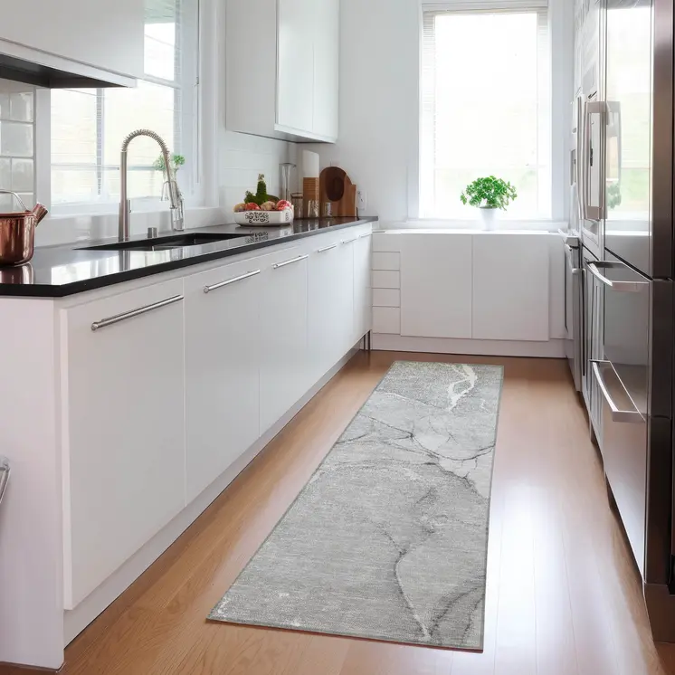 8' Runner Gray Abstract Washable Non Skid Indoor Outdoor Runner Rug