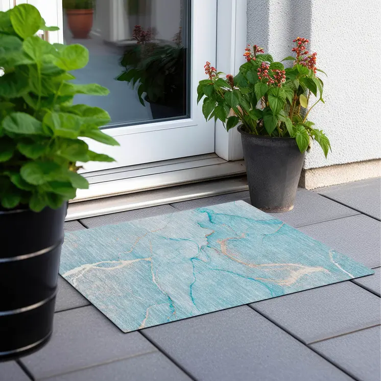 2' X 3' Teal Abstract Washable Non Skid Indoor Outdoor Area Rug