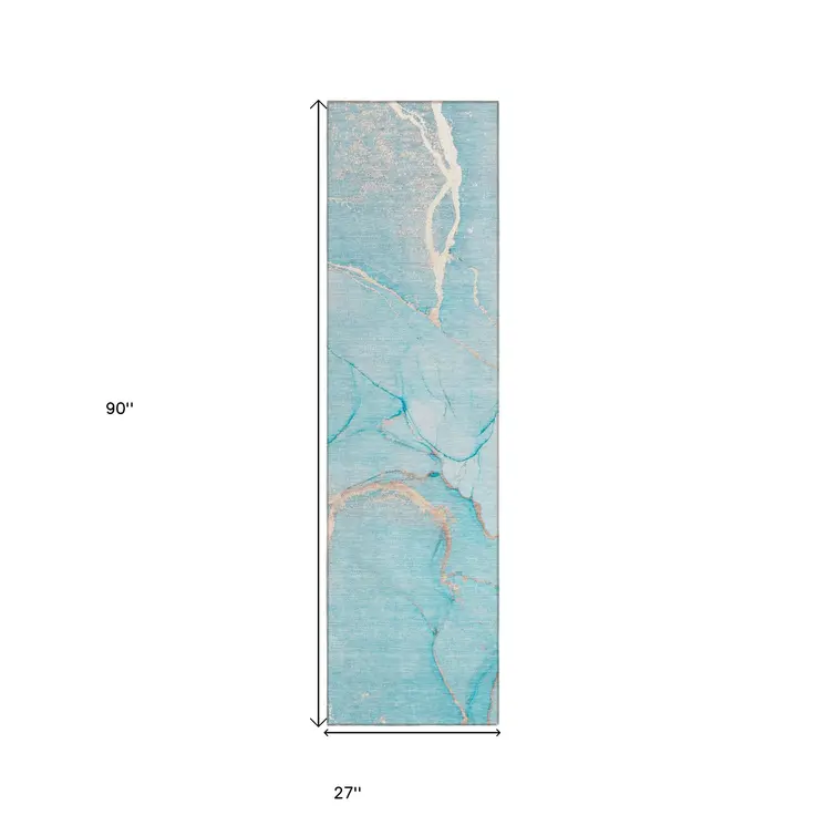 8' Runner Teal Abstract Washable Non Skid Indoor Outdoor Runner Rug