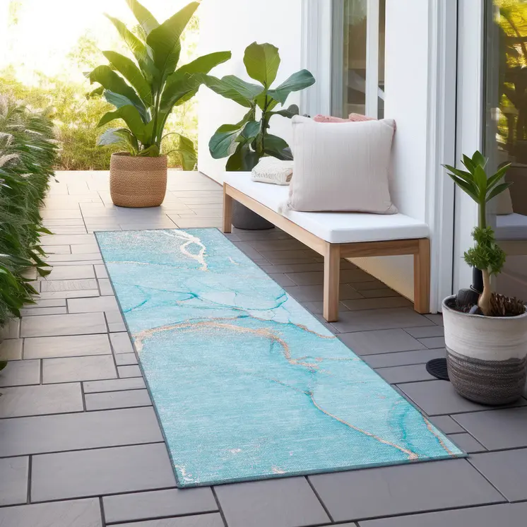 8' Runner Teal Abstract Washable Non Skid Indoor Outdoor Runner Rug