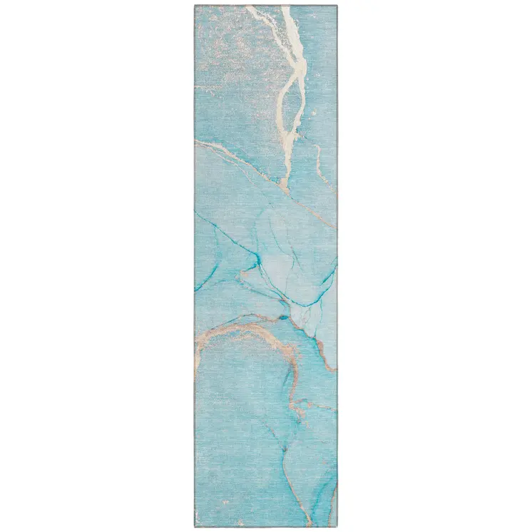 8' Runner Teal Abstract Washable Non Skid Indoor Outdoor Runner Rug