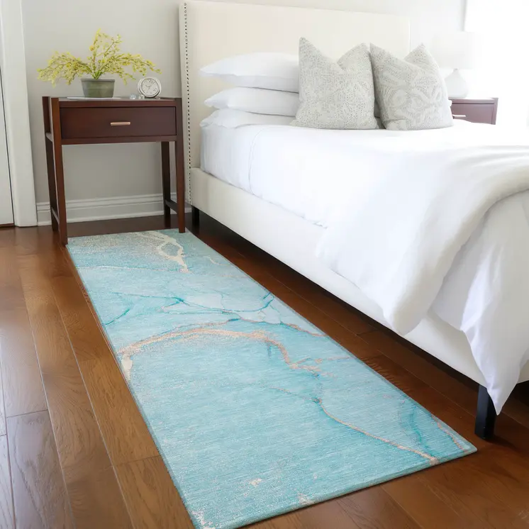 8' Runner Teal Abstract Washable Non Skid Indoor Outdoor Runner Rug