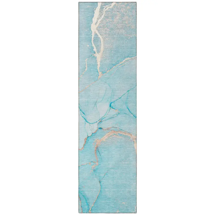 8' Runner Teal Abstract Washable Non Skid Indoor Outdoor Runner Rug