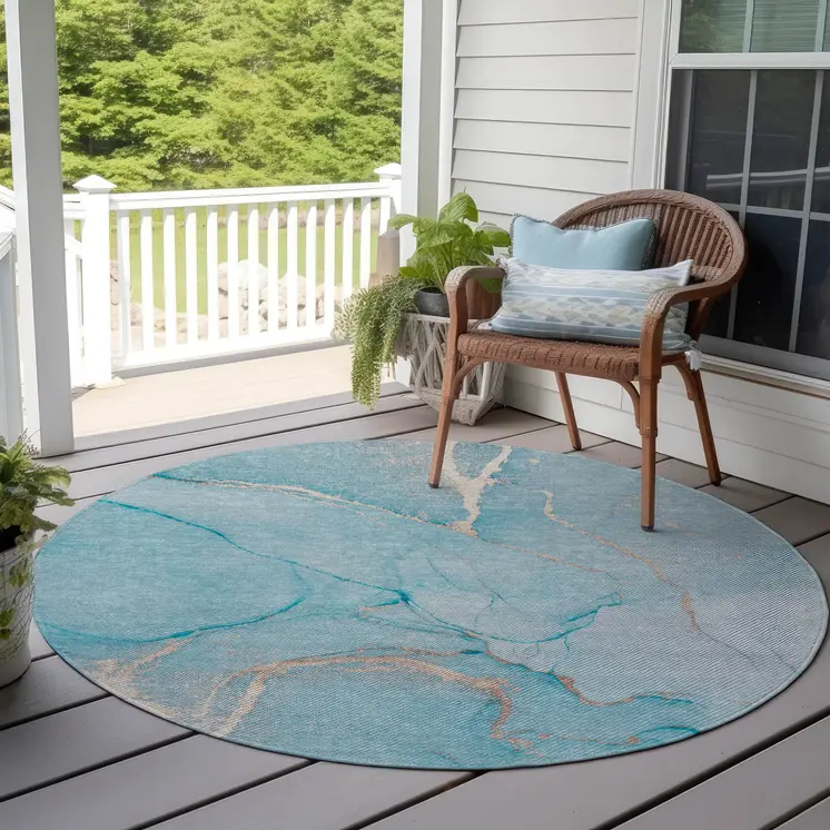 8' X 8' Teal Round Abstract Washable Indoor Outdoor Area Rug