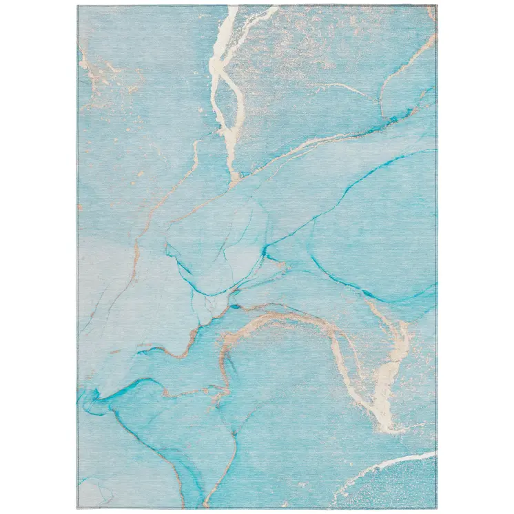 9' X 12' Teal Abstract Washable Non Skid Indoor Outdoor Area Rug