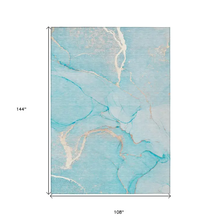 9' X 12' Teal Abstract Washable Non Skid Indoor Outdoor Area Rug