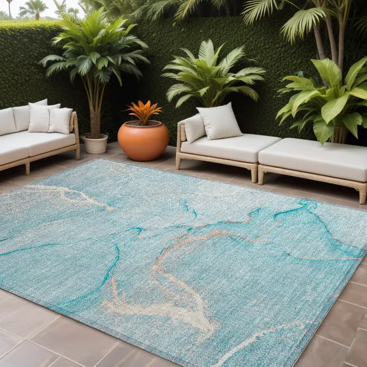 9' X 12' Teal Abstract Washable Non Skid Indoor Outdoor Area Rug