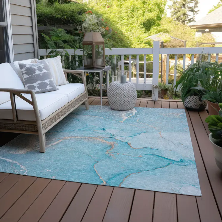 9' X 12' Teal Abstract Washable Non Skid Indoor Outdoor Area Rug