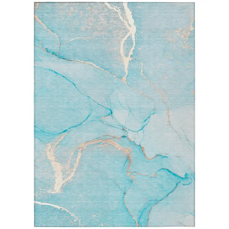 9' X 12' Teal Abstract Washable Non Skid Indoor Outdoor Area Rug