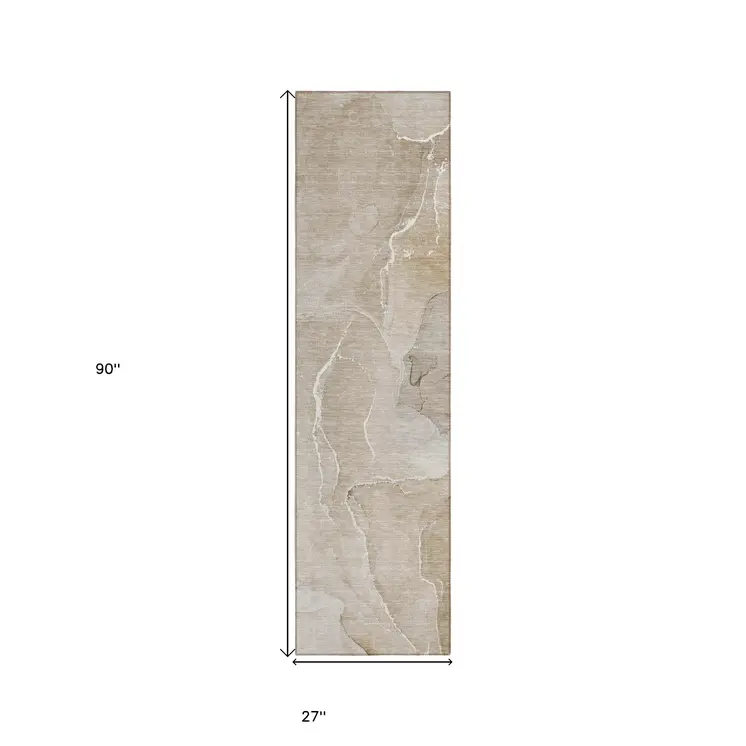 8' Runner Beige Abstract Washable Non Skid Indoor Outdoor Runner Rug
