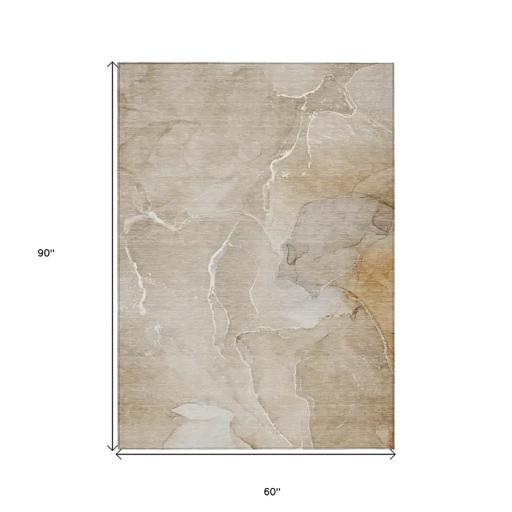 5' X 8' Beige Abstract Washable Non Skid Indoor Outdoor Area Rug