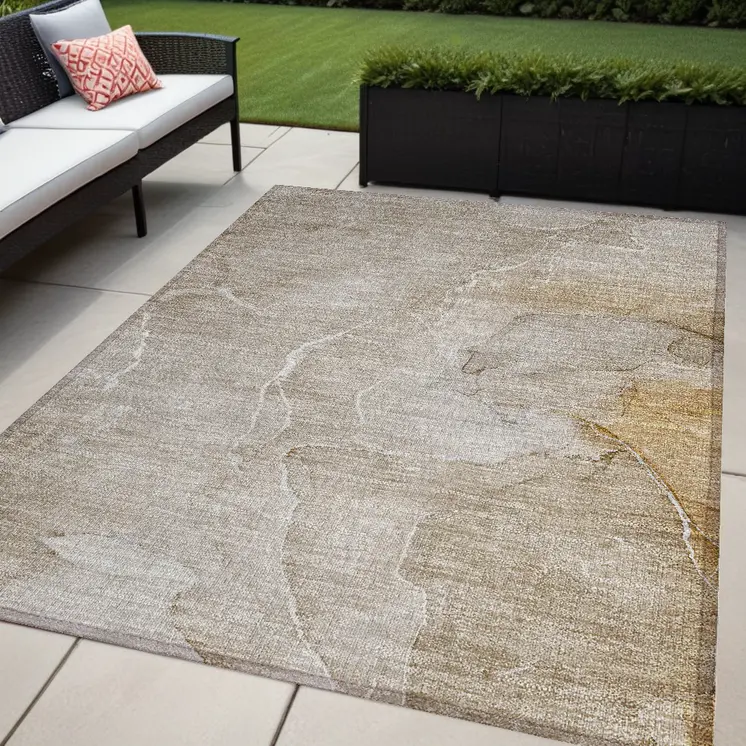 5' X 8' Beige Abstract Washable Non Skid Indoor Outdoor Area Rug