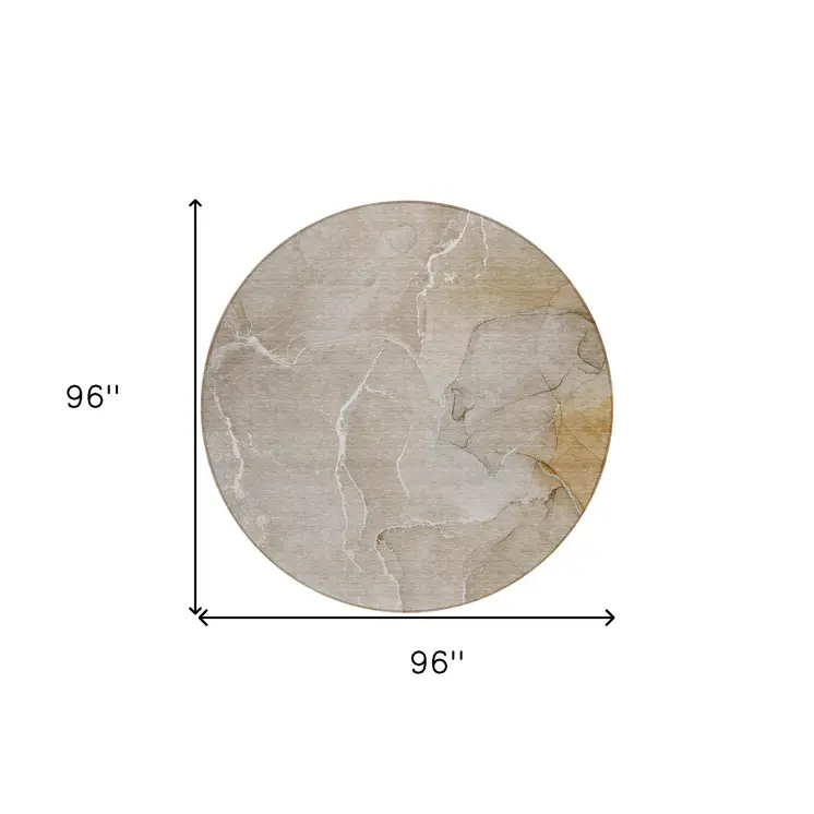 8' Round Beige Round Abstract Washable Non Skid Indoor Outdoor Area Rug