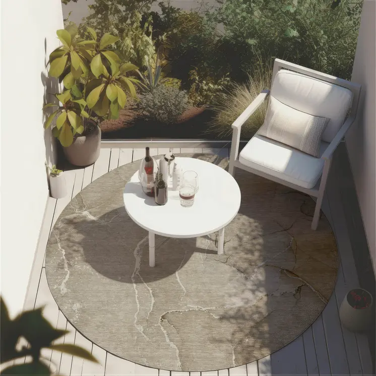 8' Round Beige Round Abstract Washable Non Skid Indoor Outdoor Area Rug