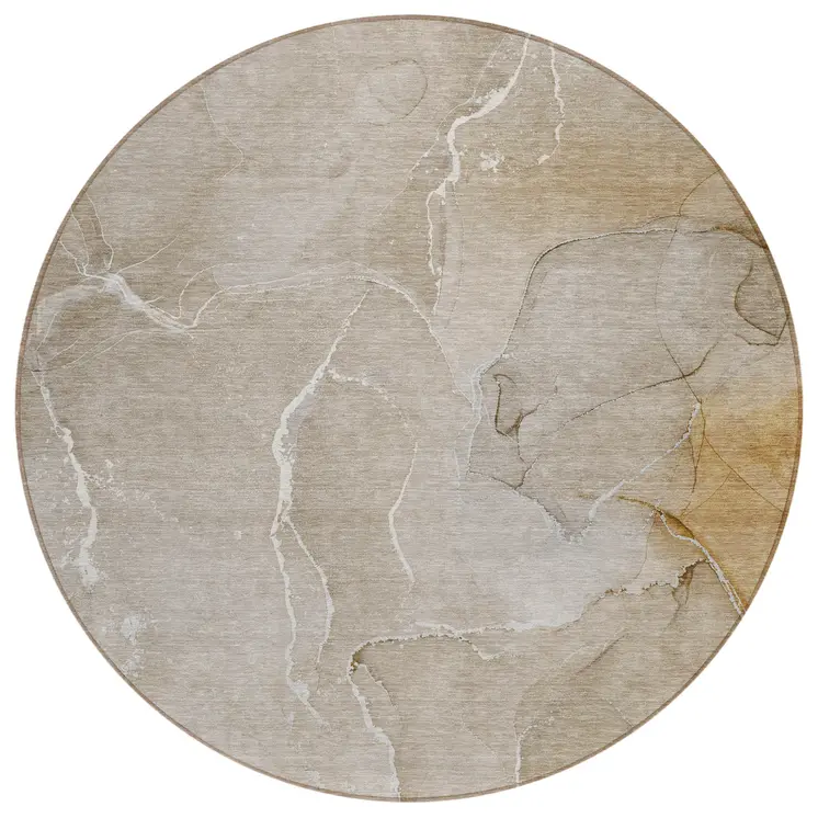 8' Round Beige Round Abstract Washable Non Skid Indoor Outdoor Area Rug