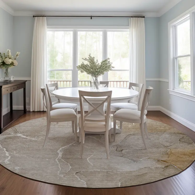 8' Round Beige Round Abstract Washable Non Skid Indoor Outdoor Area Rug