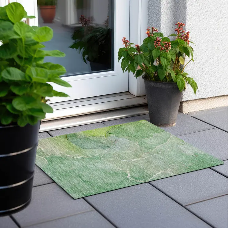 2' X 3' Green Abstract Washable Non Skid Indoor Outdoor Area Rug