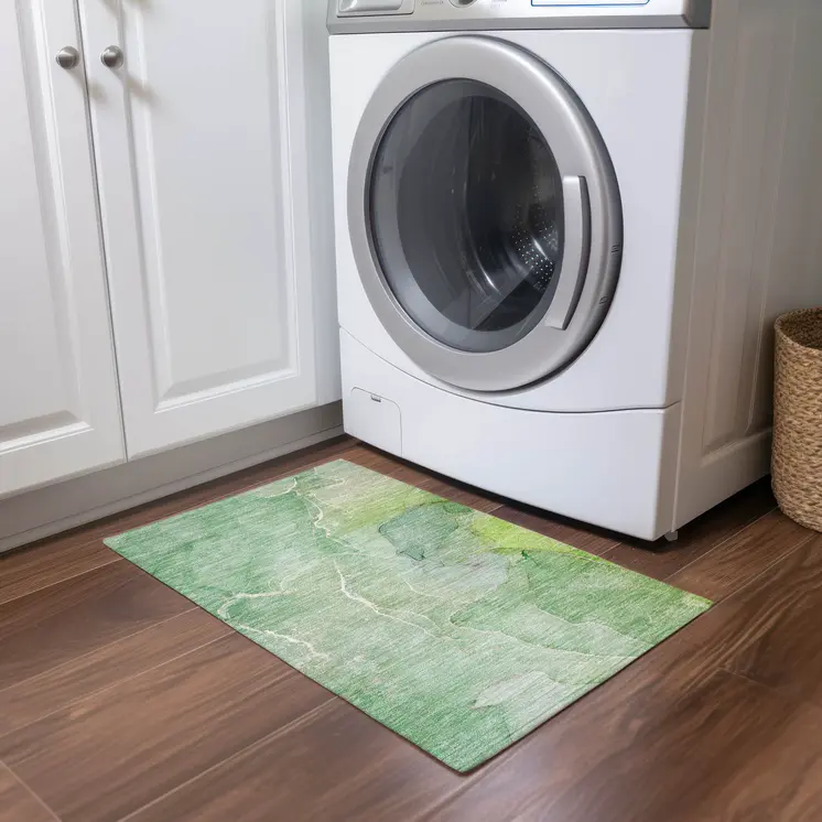 2' X 3' Green Abstract Washable Non Skid Indoor Outdoor Area Rug